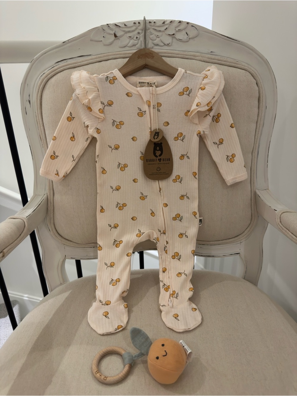 🍊 3~6 Mth Organic Cotton Cream Orange Print Ruffle Rib Baby Gootie & Toy NWT